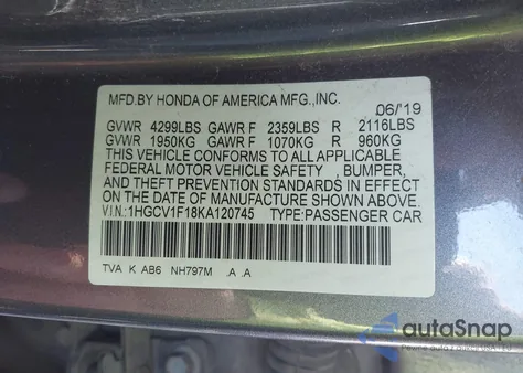 2019 Honda Accord Lx z USA, uszkodzony, nr VIN 1HGCV1F18KA120745